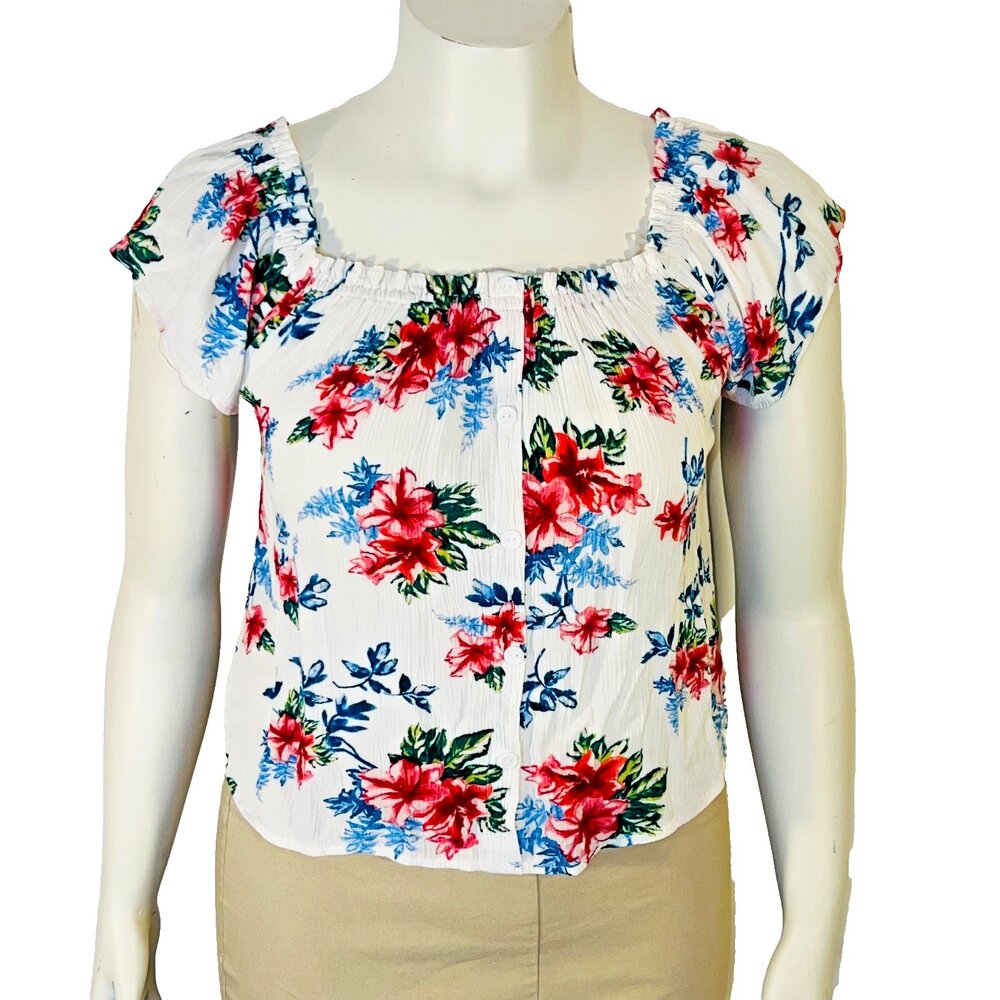 Daily Special Blouse Womens Juniors L Floral Gathered Scoop Neck Flutter Sleeve